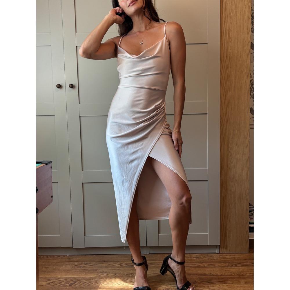 Women's Satin Wrap Midi Dress Champagne Homecoming Cocktail S